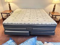 Top view of mattress, boxspring halves underneath, lamps and tables for scale