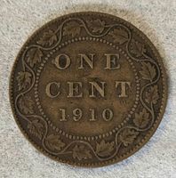 Reverse of 1910 Canadian large cent showing ONE CENT 1910 within maple leaf vine