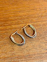 Pair of two-tone oval hoop earrings on wood surface