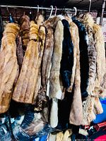 Rack displaying multiple fur coats of varying colors and textures