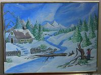 Full view of framed folk art winter landscape painting