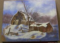 Full view of the 20x16 in unframed acrylic painting showing winter barn scene