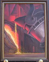 Frontal view of framed painting showing industrial scene