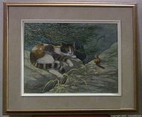 Full view of framed painting showing cat and chipmunk scene