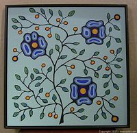 Full view of square acrylic painting in frame