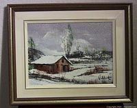 Full view of framed painting showing winter landscape, frame and mat