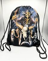 Front view of unpackaged drawstring bag showing full graphic