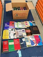 Overall lot with box of pocket dictionaries and laid-out larger books