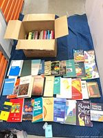 Box and spread of approximately 30 mixed books on blanket