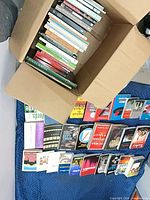 Open box and books laid out showing quantity and variety
