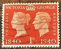 Front of red 1d Victoria & George VI stamp showing design and cancellation marks