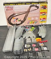 Overall set with box back, track pieces, accessories laid out