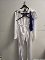 Full view of costume on hanger showing top, pants, necktie