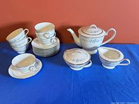 Entire tea service grouped on table showing all pieces