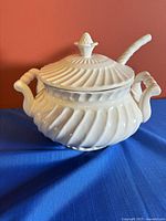 Tureen with lid and ladle assembled, showing swirl design and handles