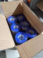 Cardboard box containing multiple sealed blue-capped filter cartridge packs
