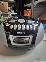 Front view of Sony boombox showing speakers and display
