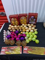 All ornaments and garland arranged on table