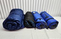 Four rolled items: large blue sleeping bag, black/blue MEC mummy bag, two blue Woods pads