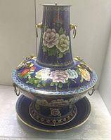 Full assembled chafing dish showing blue cloisonné, peony design, gilt handles