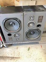 Front view of both speakers showing all drivers and ports