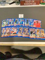 Spread of roughly 50 blue-border Donruss ’91 baseball cards laid out