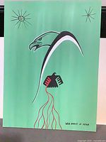 Full view of green poster-sized artwork showing eagle motif, star designs and signature