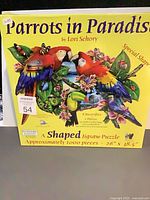Front of sealed Parrots in Paradise shaped puzzle box