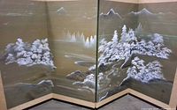 Overall view of four-panel folding screen showing painted winter landscape