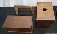 All three wooden items: jewelry box, stool, sawhorse