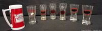 Six National Bohemian glasses and one Budweiser mug displayed side by side