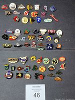 Full grouping of approximately 50 sport team pins on board