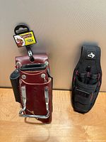 Front view of leather electrician pouch and nylon holster