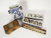 Group shot showing vase, wooden box, two cup boxes and chopstick case