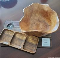 Full set: wooden bowl, 3-compartment tray, board, glass votive