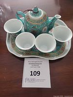 Complete tea set arranged on tray showing all pieces