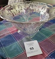 Overview of Viking Prelude etched glass bowl showing silver overlay and square foot