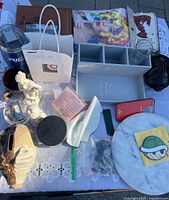 Overhead view showing entire assortment including marble turntable and Rae Dunn organizer