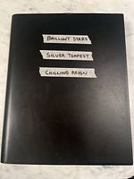 front of black binder with taped labels listing sets