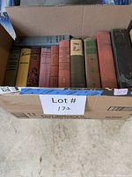 Box of 11 vintage hardcover books, spines visible