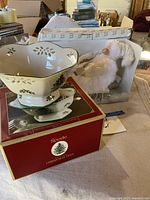 Spode ceramic bowl on box beside boxed Winterbaby figurine