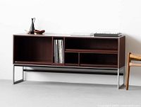 Original brochure image of Bang & Olufsen teak media cabinet with components
