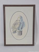 Full view of framed owl print in brown frame