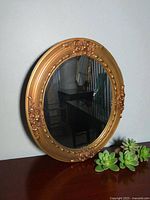 Front view of ornate round mirror on surface with succulents