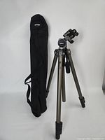 Tripod fully collapsed, pan-tilt head attached, carry bag alongside