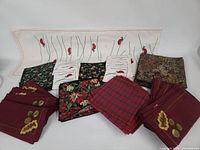 Assorted Williams-Sonoma table linens laid out showing patterns and colors