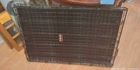 Folded black metal wire dog crate shown upright