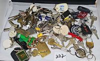 Tray filled with assorted keys and various keyrings