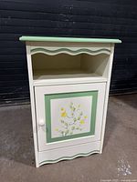 Front view closed showing floral door panel, green trim