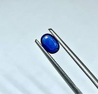 Oval faceted blue sapphire held by tweezers showing color and transparency